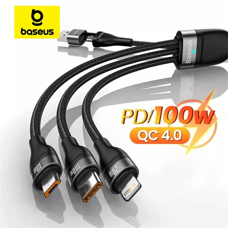 สายชาร์จเร็ว 3-in-1 100W พร้อมหัวต่อ Type-C และ Micro USB